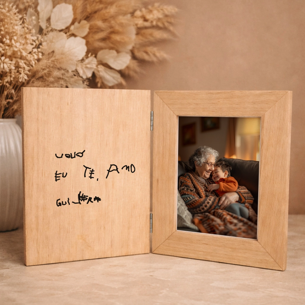 Porta Retratos em Madeira modelo Livro com Grafia Própria | ppestudio